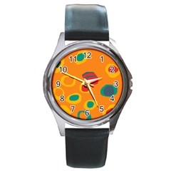 Orange Abstraction Round Metal Watch by Valentinaart