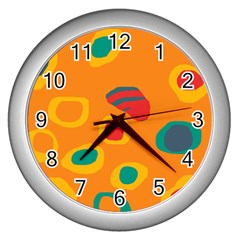 Orange Abstraction Wall Clocks (silver)  by Valentinaart