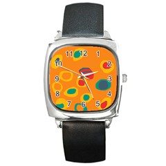 Orange Abstraction Square Metal Watch by Valentinaart