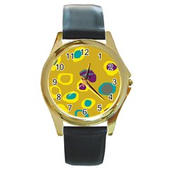 Yellow Abstraction Round Gold Metal Watch by Valentinaart