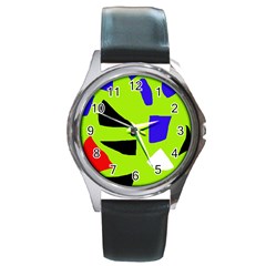 Green Abstraction Round Metal Watch by Valentinaart