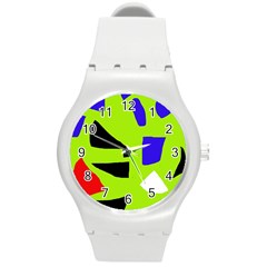 Green Abstraction Round Plastic Sport Watch (m) by Valentinaart