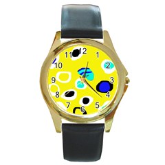 Yellow Abstract Pattern Round Gold Metal Watch by Valentinaart