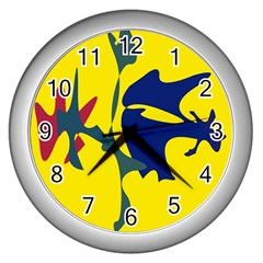 Yellow Amoeba Abstraction Wall Clocks (silver)  by Valentinaart