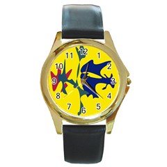 Yellow Amoeba Abstraction Round Gold Metal Watch by Valentinaart