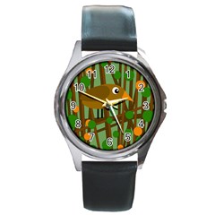 Brown Bird Round Metal Watch by Valentinaart