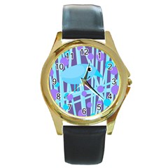 Blue and purple bird Round Gold Metal Watch