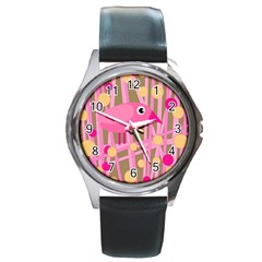 Pink bird Round Metal Watch