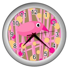 Pink Bird Wall Clocks (silver)  by Valentinaart