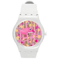 Pink Bird Round Plastic Sport Watch (m)