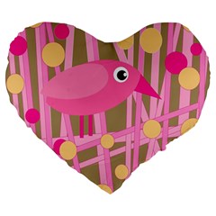 Pink Bird Large 19  Premium Flano Heart Shape Cushions by Valentinaart