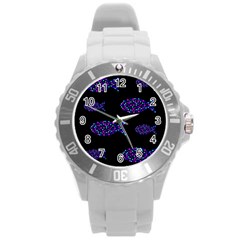 Purple Fishes Pattern Round Plastic Sport Watch (l) by Valentinaart