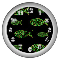 Green Fishes Pattern Wall Clocks (silver)  by Valentinaart