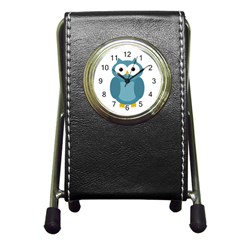 Cute Blue Owl Pen Holder Desk Clocks by Valentinaart