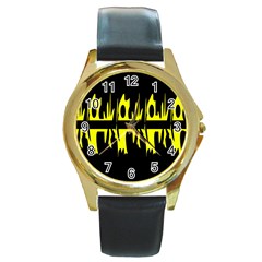 Yellow Abstract Pattern Round Gold Metal Watch by Valentinaart