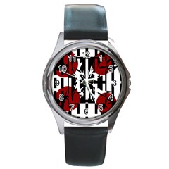 Red, Black And White Elegant Design Round Metal Watch by Valentinaart