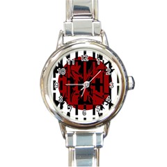 Red, Black And White Decorative Design Round Italian Charm Watch by Valentinaart