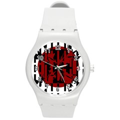 Red, Black And White Decorative Design Round Plastic Sport Watch (m)