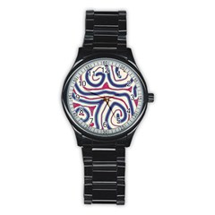 Blue And Red Lines Stainless Steel Round Watch by Valentinaart