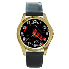 Black And Red Artistic Abstraction Round Gold Metal Watch by Valentinaart