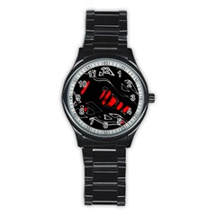 Black And Red Artistic Abstraction Stainless Steel Round Watch by Valentinaart