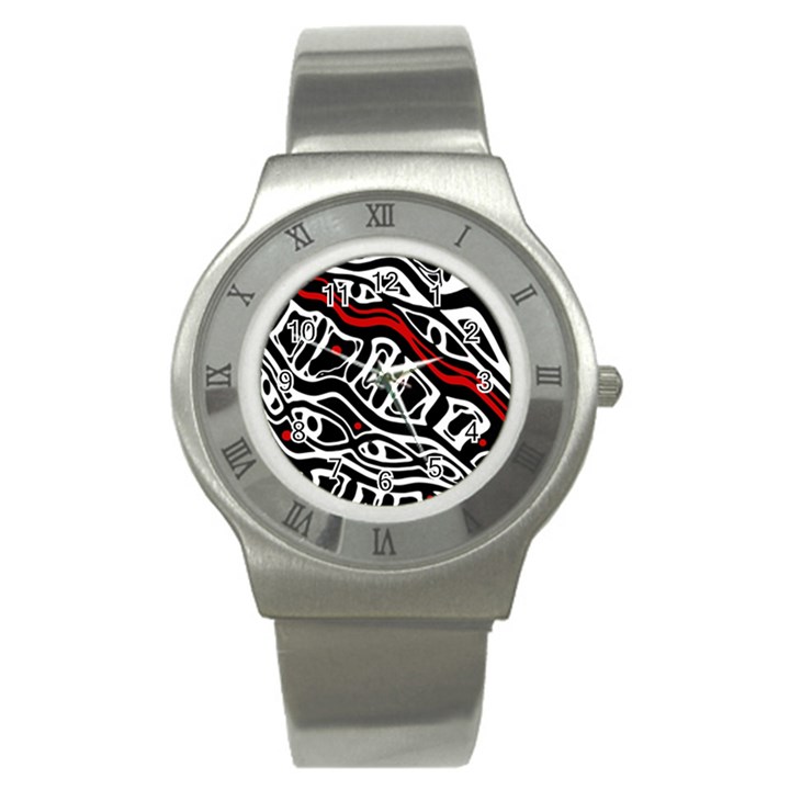 Red, black and white abstract art Stainless Steel Watch