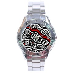 Red, Black And White Abstract Art Stainless Steel Analogue Watch by Valentinaart