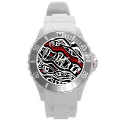 Red, Black And White Abstract Art Round Plastic Sport Watch (l) by Valentinaart