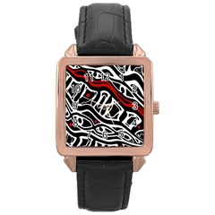 Red, Black And White Abstract Art Rose Gold Leather Watch  by Valentinaart