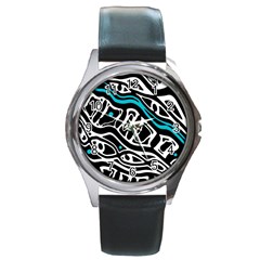 Blue, Black And White Abstract Art Round Metal Watch by Valentinaart