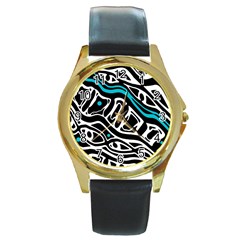 Blue, Black And White Abstract Art Round Gold Metal Watch by Valentinaart