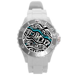 Blue, Black And White Abstract Art Round Plastic Sport Watch (l) by Valentinaart