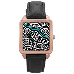 Blue, Black And White Abstract Art Rose Gold Leather Watch  by Valentinaart