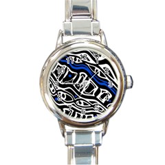 Deep Blue, Black And White Abstract Art Round Italian Charm Watch by Valentinaart