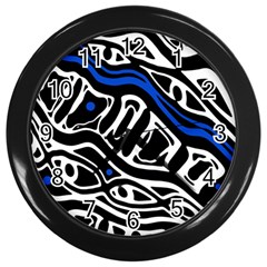 Deep Blue, Black And White Abstract Art Wall Clocks (black) by Valentinaart