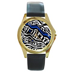 Deep Blue, Black And White Abstract Art Round Gold Metal Watch by Valentinaart