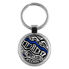 Deep Blue, Black And White Abstract Art Key Chains (round)  by Valentinaart