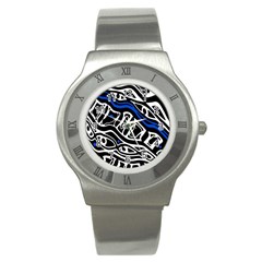 Deep Blue, Black And White Abstract Art Stainless Steel Watch by Valentinaart