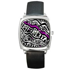 Purple, Black And White Abstract Art Square Metal Watch by Valentinaart