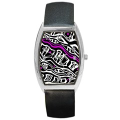 Purple, Black And White Abstract Art Barrel Style Metal Watch by Valentinaart