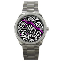 Purple, Black And White Abstract Art Sport Metal Watch by Valentinaart