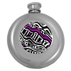 Purple, Black And White Abstract Art Round Hip Flask (5 Oz) by Valentinaart