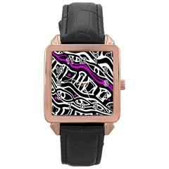 Purple, Black And White Abstract Art Rose Gold Leather Watch  by Valentinaart