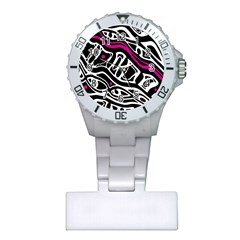 Magenta, Black And White Abstract Art Plastic Nurses Watch by Valentinaart