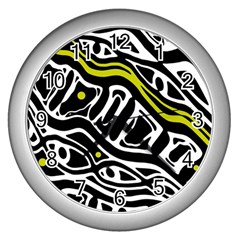 Yellow, Black And White Abstract Art Wall Clocks (silver)  by Valentinaart