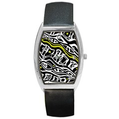 Yellow, Black And White Abstract Art Barrel Style Metal Watch by Valentinaart