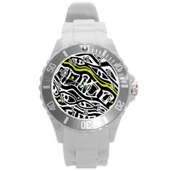 Yellow, Black And White Abstract Art Round Plastic Sport Watch (l) by Valentinaart