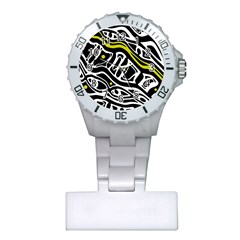 Yellow, Black And White Abstract Art Plastic Nurses Watch by Valentinaart