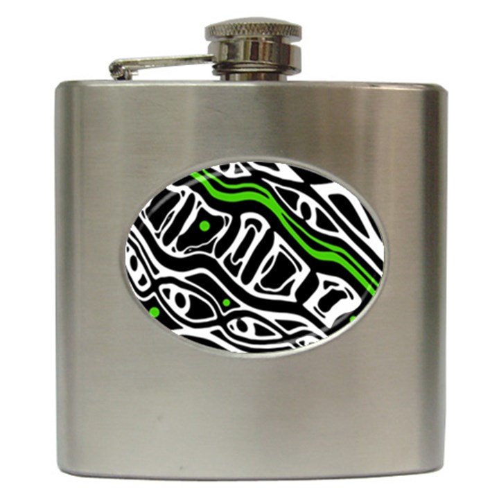 Green, black and white abstract art Hip Flask (6 oz)