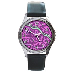 Purple And Green Abstract Art Round Metal Watch by Valentinaart